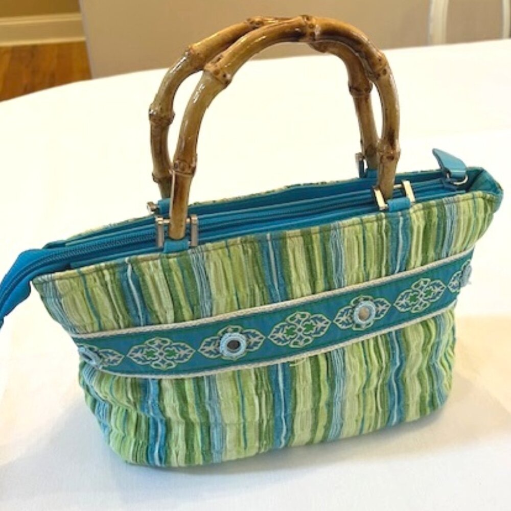 BRACIANO | Vintage Green & Blue Small Tote Purse Bag Mirror inserts Boho Vegan